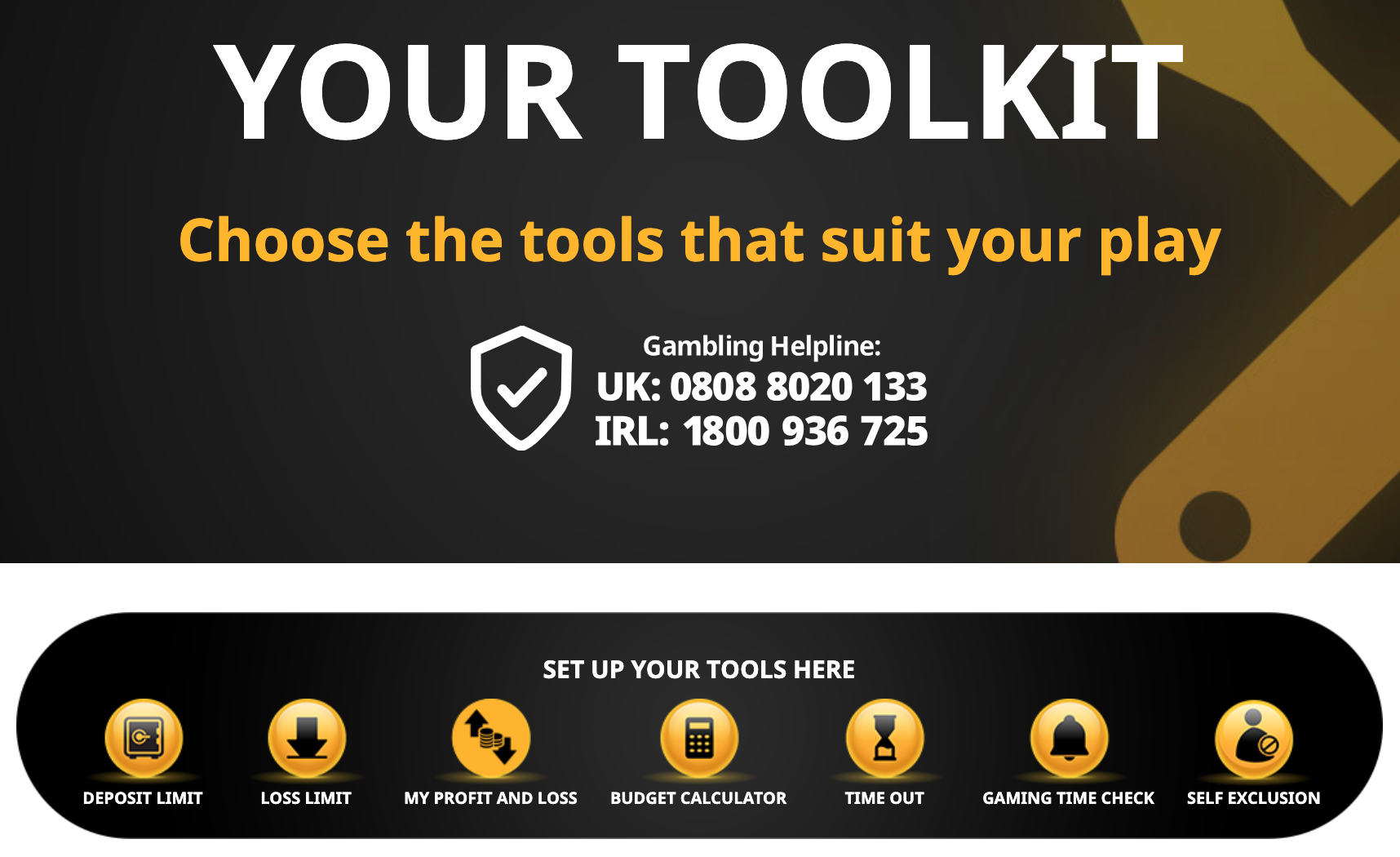 Betfair's safer gambling toolkit, showing available tools to help set limits on gambling